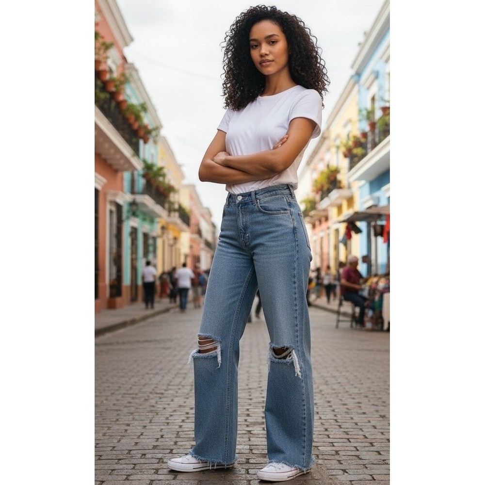 Zara The 90's Full Length Jeans Size 6 Distressed Wide Leg High Rise Denim